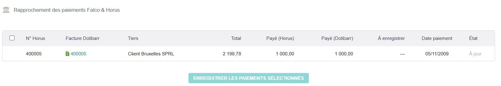 Écran de rapprochement — facture à jour, aucun doublon